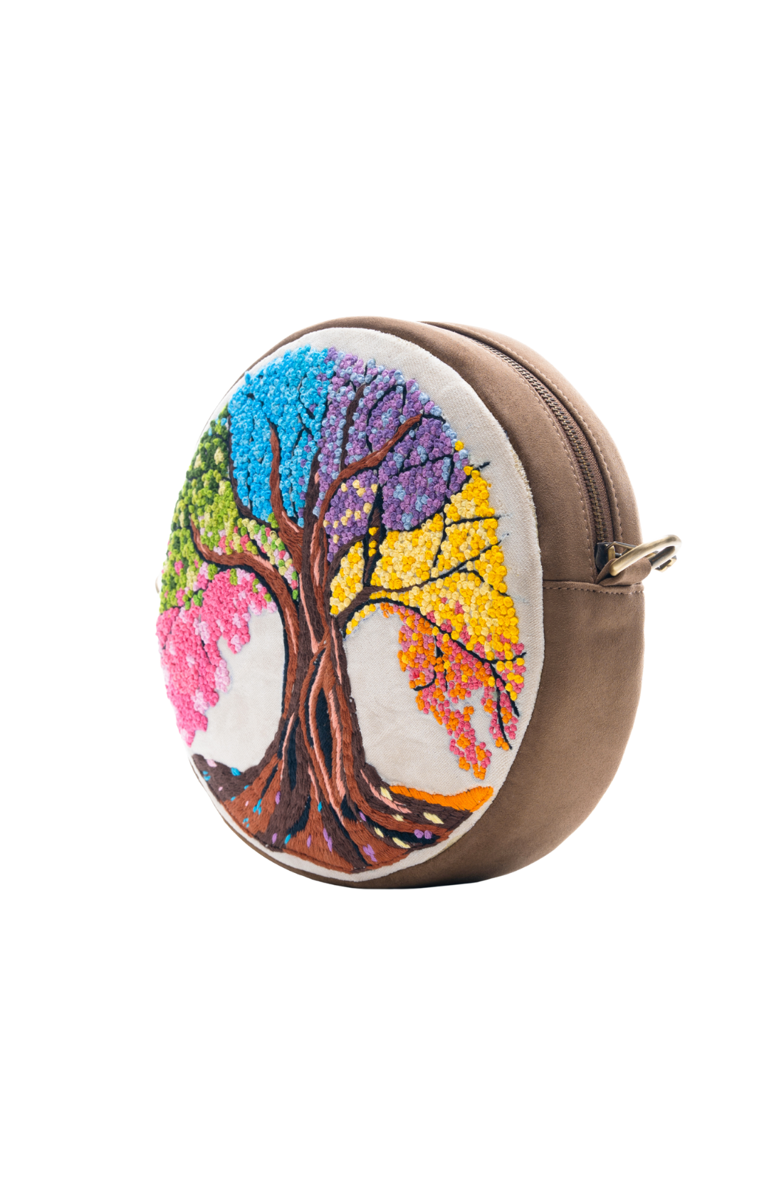 Eternal Bloom round sling purse by the brand Srory of Strings.