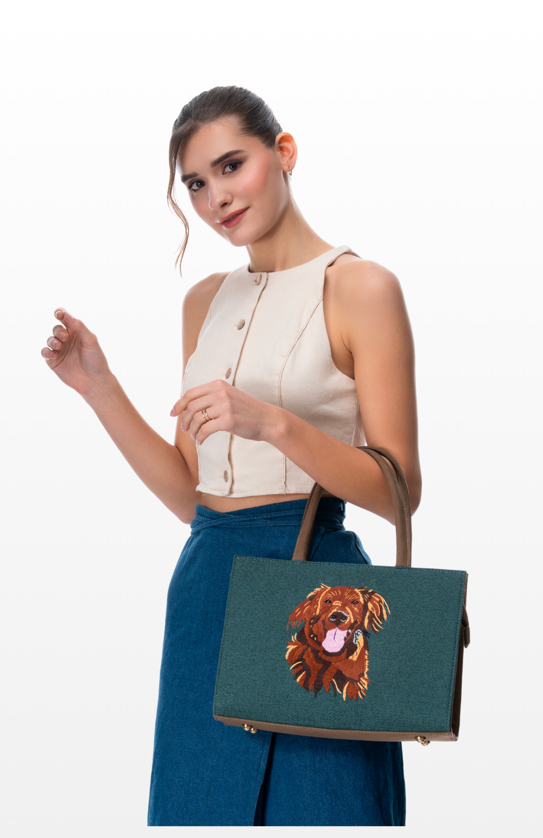 Woman carrying Fur-Ever Mine (Teal) tote bag by the brand Story of Strings.